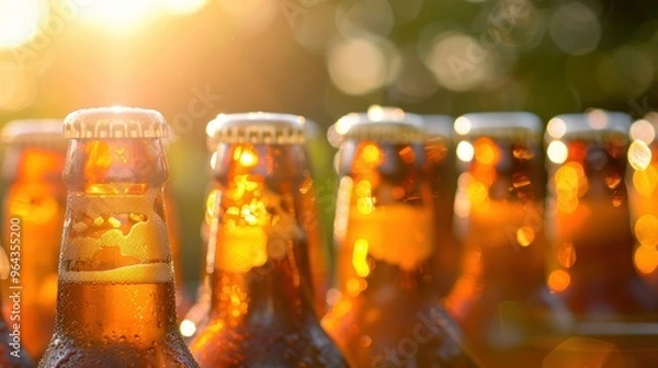 Fototapeta Beer bottles chilling in golden hour light ideal for socializing and enjoyment. Concept Beer Bottles, Golden Hour, Socializing, Enjoyment, Photography 
