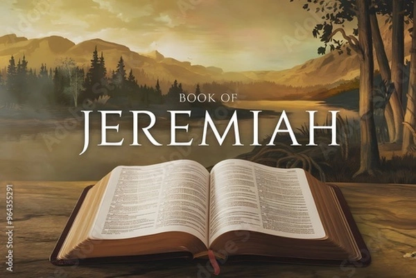 Fototapeta An epic cinematic presentation of the Book of Jeremiah. An open bible with the words Book of Jeremiah is displayed.