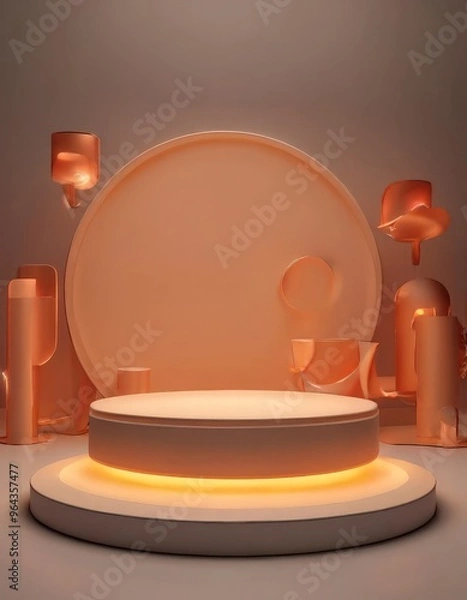 Fototapeta A a circular podium with a white base, illuminated by a warm orange light, surrounded by abstract orange sculptures.