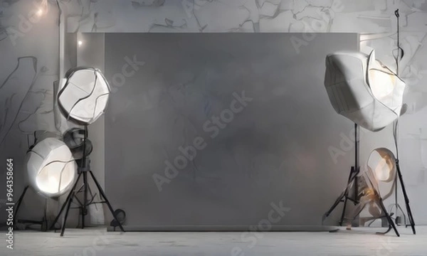 Fototapeta A minimalist studio setup with three large, white, spherical light fixtures on black stands, positioned against a textured gray wall.