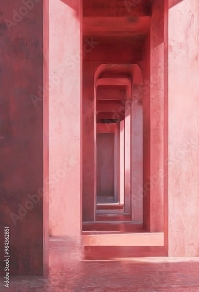 Fototapeta A series of pink concrete pillars, each with a curved top, form a long corridor with a reflective floor, creating a sense of depth and space.