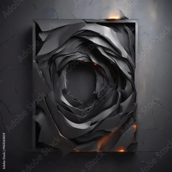Obraz dark, abstract art piece with a central hole, surrounded by a chaotic arrangement of overlapping, jagged shapes in shades of black and gray. A small, bright orange light is