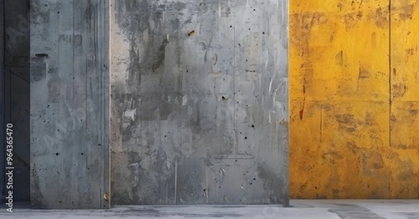Fototapeta a close-up view of a concrete wall with a yellow panel on the right side.