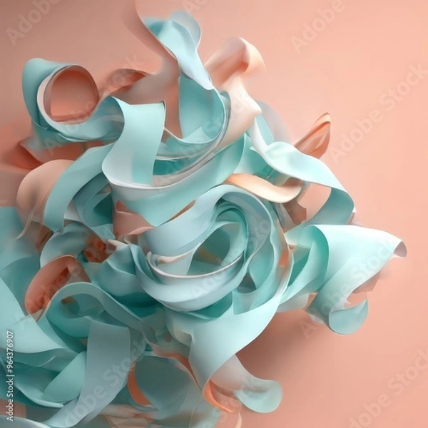 Fototapeta close-up view of a pile of overlapping, wavy, and translucent paper strips in pastel shades of blue and peach, creating a dynamic and abstract composition.