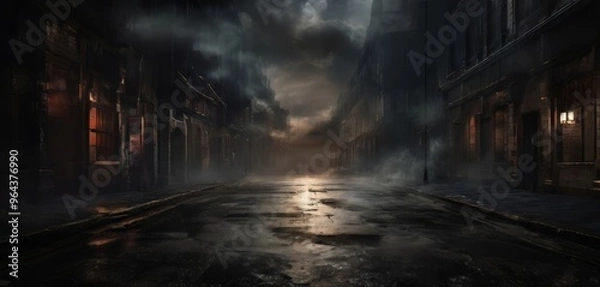 Obraz A dark, foggy alleyway with a single street lamp on the right, creating an atmospheric and mysterious scene.
