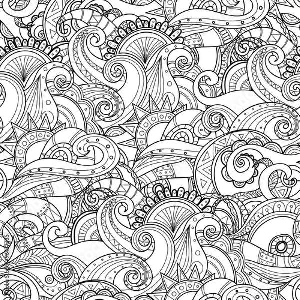 Fototapeta Doodle black and white abstract hand-drawn background. Wavy seamless pattern.