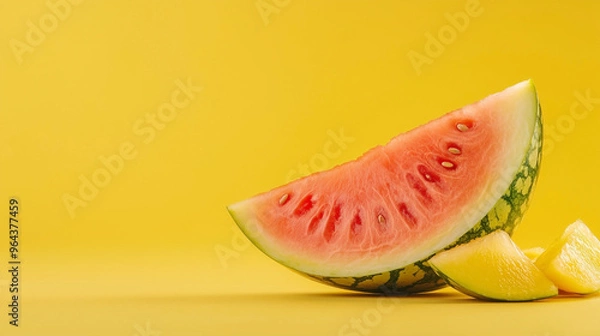Fototapeta A vibrant, close-up image of a sliced watermelon, showcasing its juicy, red flesh and contrasting dark seeds.