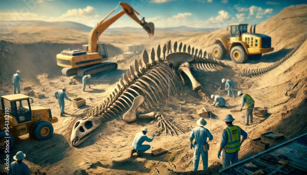 Fototapeta Fictitious excavation of large dinosaur fossils in the desert landscape using modern machines