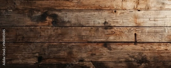 Fototapeta A close-up of a weathered wooden surface, with visible cracks, knots, and stains, conveying a sense of age and history.