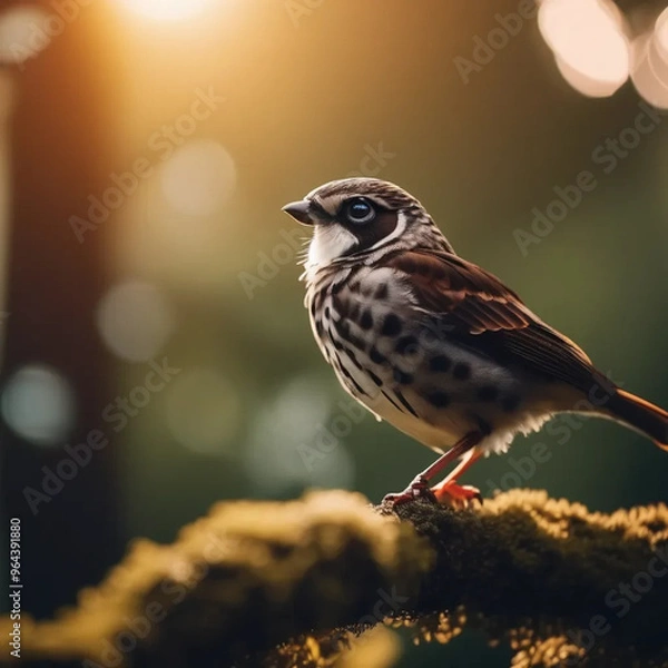 Fototapeta Majestic Bird Perched on Mossy Branch with Background Blur in Golden Light