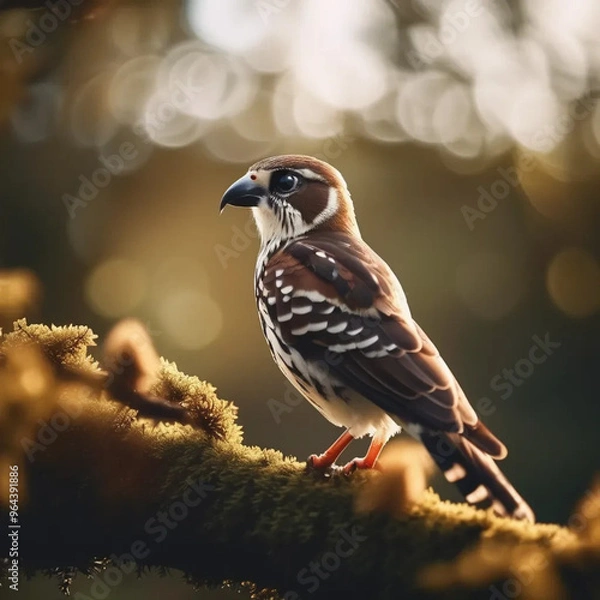 Fototapeta Majestic Bird Perched on Mossy Branch with Background Blur in Golden Light