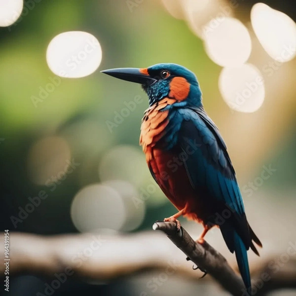 Fototapeta Majestic Bird Perched on Mossy Branch with Background Blur in Golden Light