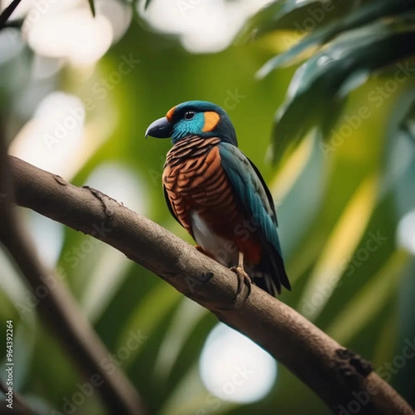 Obraz Majestic Bird Perched on Mossy Branch with Background Blur in Golden Light