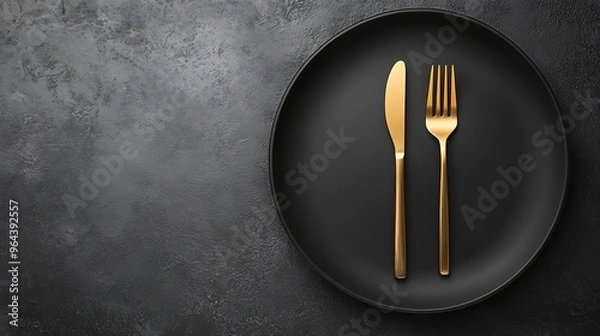 Fototapeta A black plate with a gold knife and fork on a dark grey background.