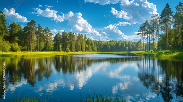 Fototapeta A summer landscape with a small lake in a forest