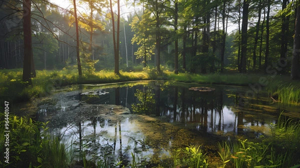 Fototapeta A summer landscape with a small lake in a forest