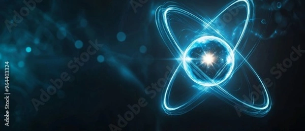 Obraz A close-up of a glowing atomic model with electrons orbiting the nucleus