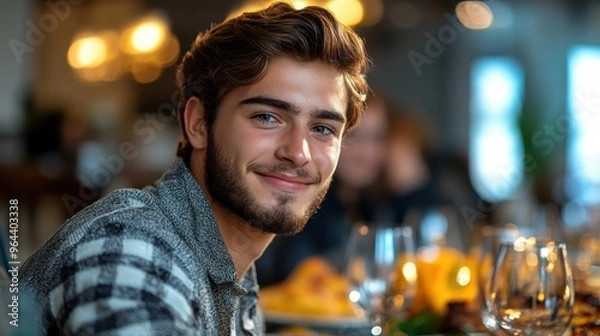 Fototapeta A young man with a charming smile, dressed in a casual checkered shirt, enjoys a delightful evening at a warmly lit, elegantly set dining table