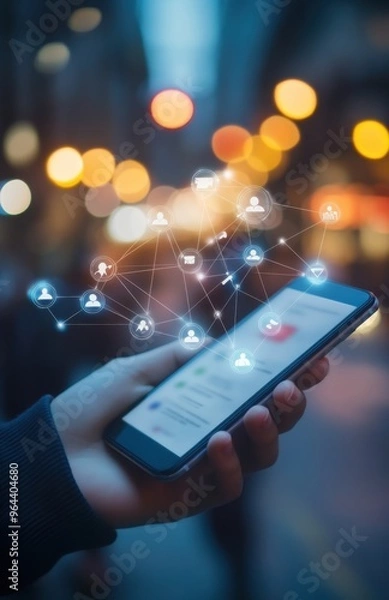 Fototapeta Hand holding smartphone with digital icons symbolizing communication and connectivity in a blurred city background at night