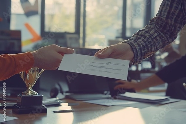 Fototapeta Employee receiving a promotion certificate from the boss, joyful moment, trophy on the desk, bright lighting, corporate setting.