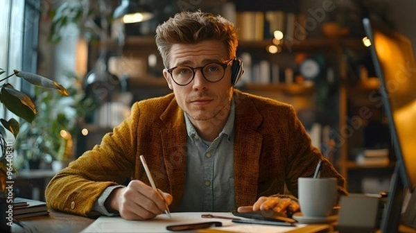 Fototapeta Thoughtful young man in glasses, working diligently at a stylish desk with greenery.