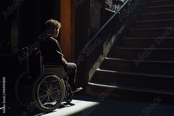 Fototapeta Person in a wheelchair facing accessibility barriers, thoughtful expression, shadowed lighting, city street with stairs.