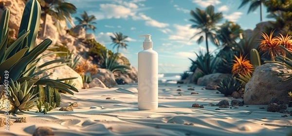 Obraz White bottle on a tropical beach with palm trees, sand, and ocean in the background.  Perfect for showcasing beauty or skincare products.