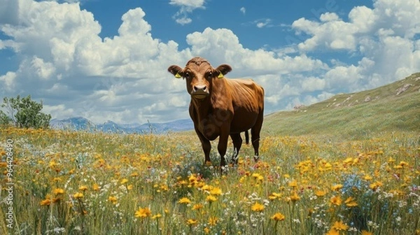 Fototapeta A large brown cow standing in the middle of a wildflower-filled meadow on a sunny day.