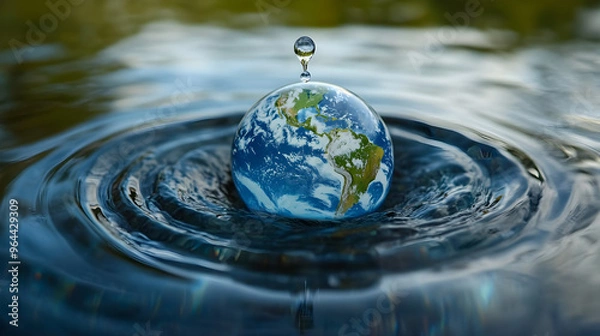 Fototapeta A conceptual image of a globe surrounded by rippling water capturing the essence of our planet's fragility and beauty