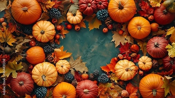 Obraz Birds-eye view of a Halloween setup with creatively carved pumpkins