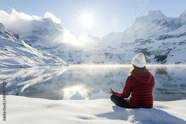 Fototapeta Solo traveler meditating at a tranquil lake in the Swiss Alps, serene expression, soft morning light, snowy mountain backdrop.