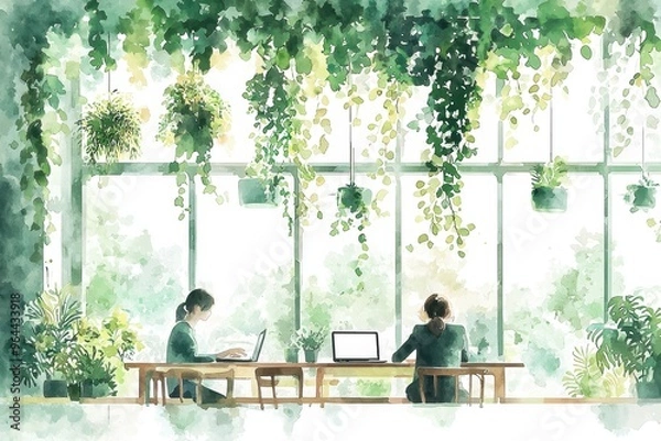 Fototapeta A serene workspace adorned with lush greenery, featuring two individuals engaged in productive activities amidst nature.
