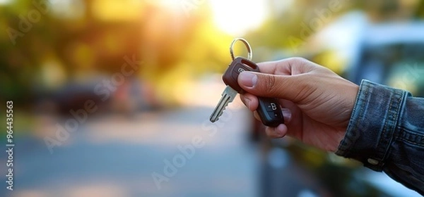 Fototapeta Closeup of a hand holding a car key with a blurred background of a street.