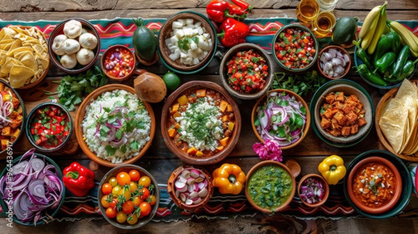 Fototapeta A table full of food with many different types of food in bowls. Scene is inviting and appetizing
