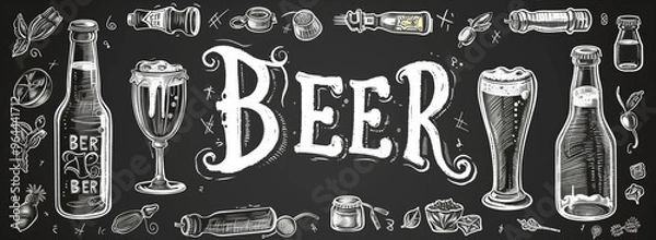 Obraz Black and white drawing of beer bottles with the word beer written in cursive letters