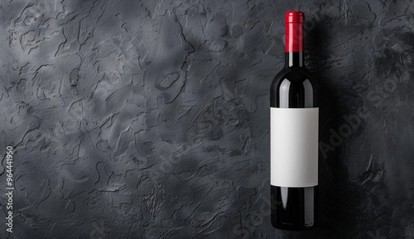 Fototapeta Bottle of red wine is on a dark surface empty and has a white label wit space for text.