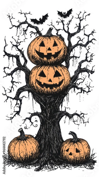 Fototapeta Set of pumpkins with tree against a white background. Vintage hand drawn style illustration. Halloween concept, festive rustic decor