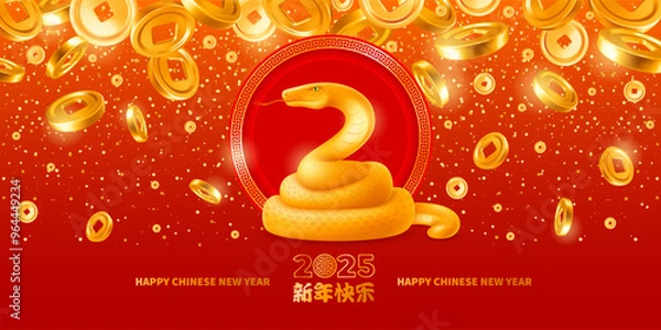 Obraz Chinese new year, year of the snake, greeting card. 3d golden snake, numbers 2025 and gold rain of Feng shui good luck coins on red background. Translation Happy New Year. Vector illustration