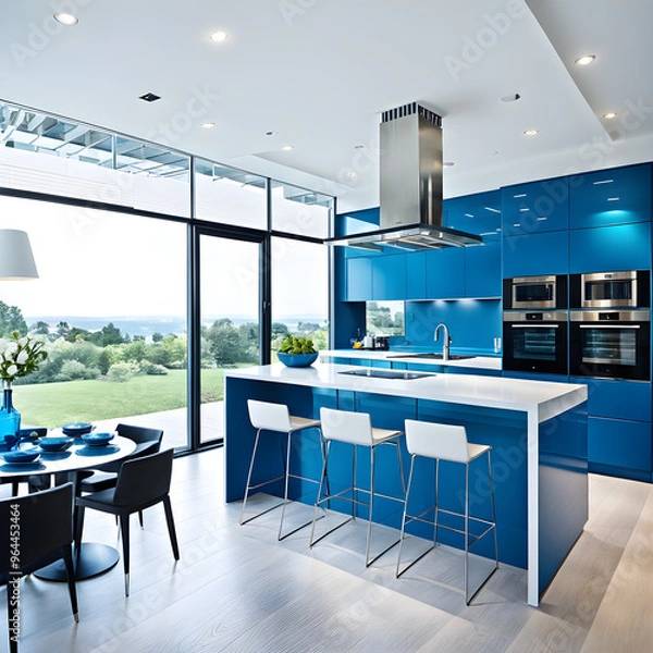 Obraz Blue Modern House Interior Kitchen Realistic 
