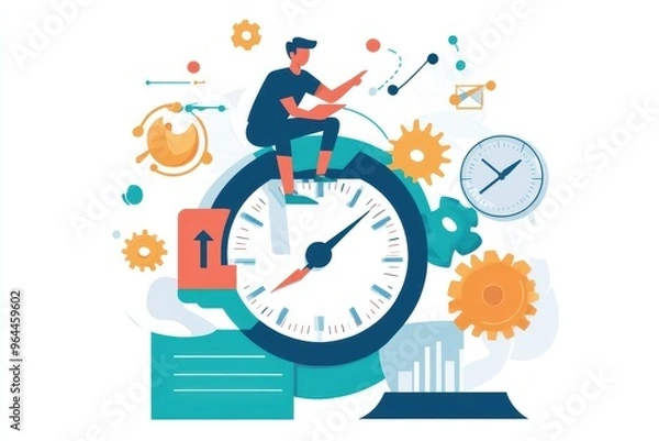 Fototapeta A man sitting on a giant clock, surrounded by gears and other time-related symbols, representing the concept of time management.