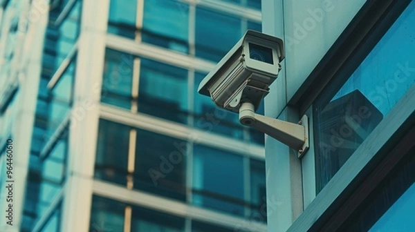 Fototapeta Contemporary security camera mounted on building exterior. Concept Security Cameras, Building Surveillance, Technology Integration, Urban Safety, Modern Security Systems 