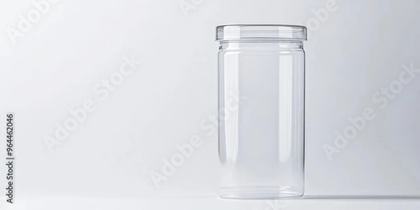 Fototapeta A clear plastic snack container with a smooth lid, standing upright on a seamless white surface
