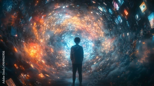 Obraz A person engulfed in a chaotic swirl of social media notifications, floating app interfaces, vibrant colors, first step of a detox journey, elements fading away with real-world interactions emerging, 