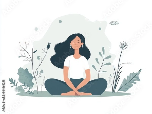Fototapeta Woman meditating in a peaceful nature setting, surrounded by plants and flowers.  She is calm and serene, enjoying the moment.