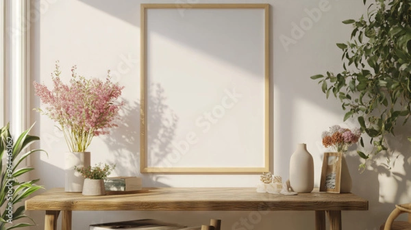 Fototapeta A comfortable and stylish living room with a blank poster frame, a wooden table, flowers, and personal items. It's a modern home design, perfect for showcasing your own style.