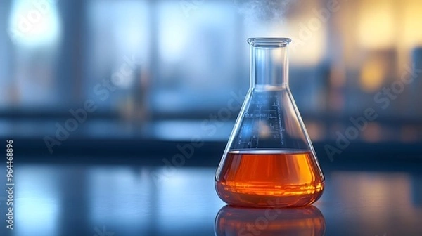 Fototapeta Bromine in a Flask: A laboratory flask filled with reddish-brown bromine liquid, with vapor rising and detailed reflections on the glass surface. 
