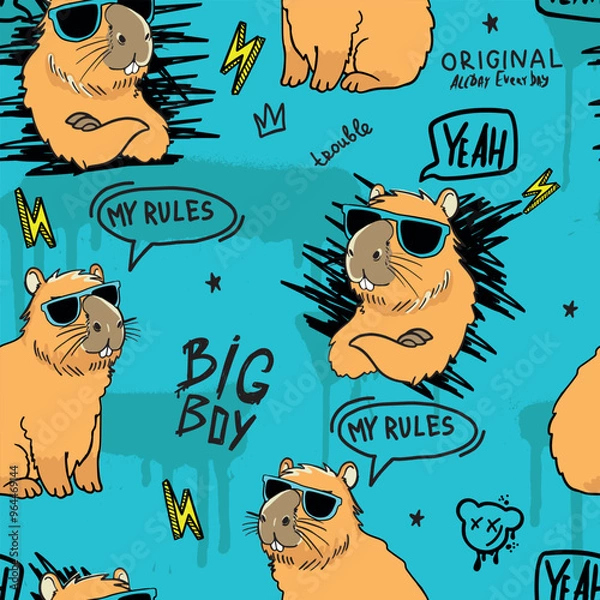 Fototapeta Boys seamless pattern with  capybara in glasses. Cartoon capybara for prints on T-shirts, children's clothing, cards and more