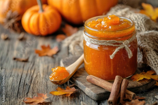Fototapeta A jar of vibrant pumpkin jam on a rustic table, surrounded by cinnamon sticks and autumn leaves.