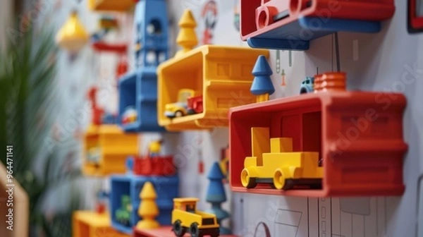 Fototapeta Wall-mounted Shelves: Designed for displaying toys, trophies, or collectibles, these shelves are mounted on the walls to add organization and style to the room.
