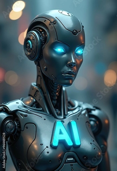 Fototapeta A Dazzling AI Robot with Illuminated Features Stands Out in a Dynamic, Technological Environment